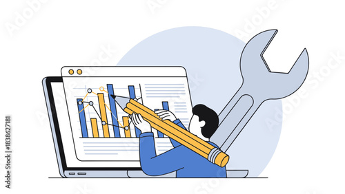 Data Analysis and Business Optimization Laptop Chart and Wrench Concept