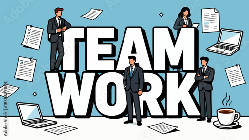 This vibrant corporate illustration features large "TEAM WORK" text surrounded by professionals to visually represent collaboration, productivity, and unity in a workplace setting.