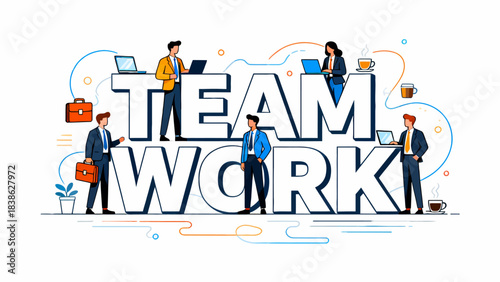 This vibrant corporate illustration features large "TEAM WORK" text surrounded by professionals to visually represent collaboration, productivity, and unity in a workplace setting.