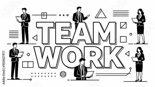 This vibrant corporate illustration features large "TEAM WORK" text surrounded by professionals to visually represent collaboration, productivity, and unity in a workplace setting.