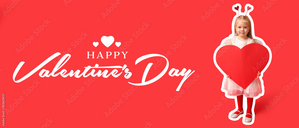 Naklejka premium Cute little girl dressed as cupid with paper heart on red background. Valentine's Day celebration