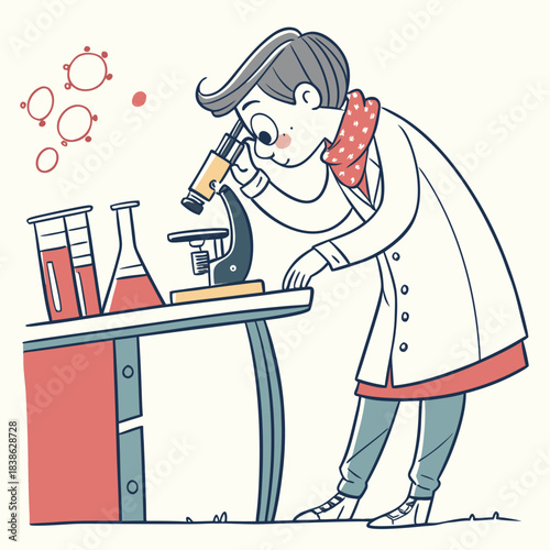 Cartoon scientist looking through microscope in the lab