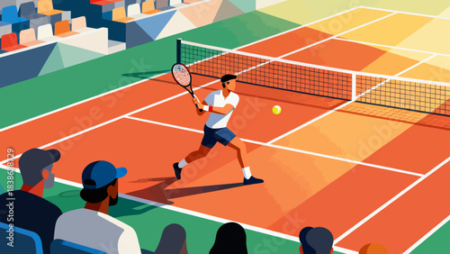 This vibrant illustration shows a tennis player hitting a ball on a grass court, with a cheering crowd in the stadium stands, capturing the sport’s dynamic, energetic atmosphere.