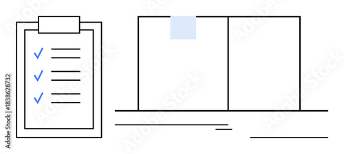 Checklist with blue checkmarks on clipboard next to an open notebook. Ideal for organization, productivity, time management, planning, teamwork, goal setting, self-discipline. Simple flat metaphor