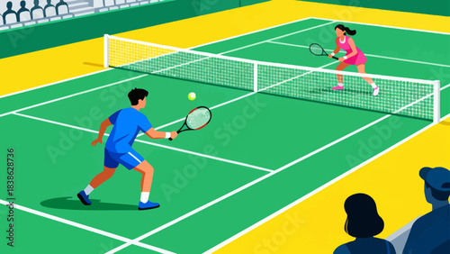 This vibrant illustration shows a tennis player hitting a ball on a grass court, with a cheering crowd in the stadium stands, capturing the sport’s dynamic, energetic atmosphere.
