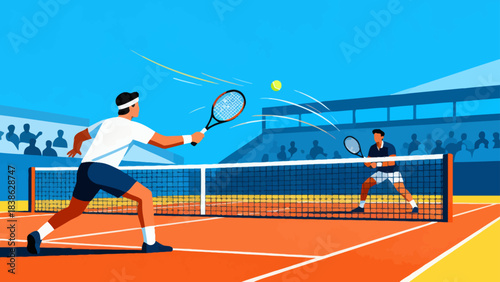 This vibrant illustration shows a tennis player hitting a ball on a grass court, with a cheering crowd in the stadium stands, capturing the sport’s dynamic, energetic atmosphere.