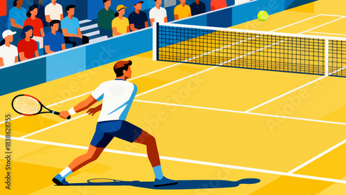 This vibrant illustration shows a tennis player hitting a ball on a grass court, with a cheering crowd in the stadium stands, capturing the sport’s dynamic, energetic atmosphere.