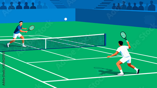 This vibrant illustration shows a tennis player hitting a ball on a grass court, with a cheering crowd in the stadium stands, capturing the sport’s dynamic, energetic atmosphere.