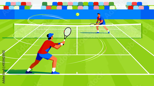 This vibrant illustration shows a tennis player hitting a ball on a grass court, with a cheering crowd in the stadium stands, capturing the sport’s dynamic, energetic atmosphere.