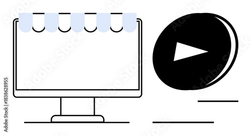 Media platforms, streaming services, online video, digital content, user interfaces, entertainment. Minimalist computer monitor and play button. Media platforms and streaming services concept