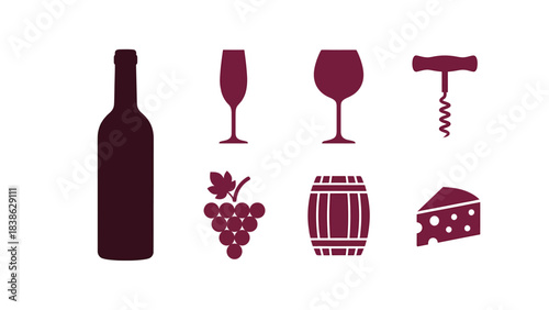 Wine Bottle Glasses Grapes Barrel Corkscrew and Cheese Icons