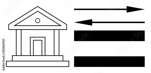 Bank building with triangular roof paired with arrows pointing in opposite directions and horizontal bars. Ideal for finance, economy, trade, transactions, monetary flow, banking, abstract