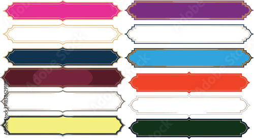 Set of twelve ornate horizontal banners, labels, or buttons in various colors