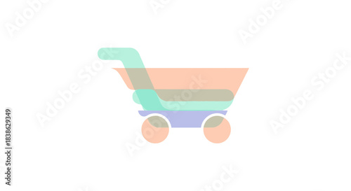 Minimalist shopping cart icon with overlapping transparent pastel color shapes.