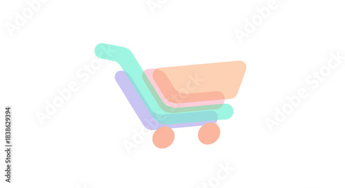 Minimalist shopping cart icon with overlapping transparent pastel shapes and rounded edges.