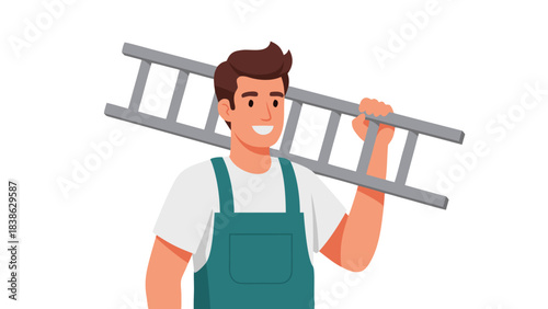 Smiling Man Wearing Teal Overalls and White T Shirt Holding a Ladder Over His Shoulder on a Black Background