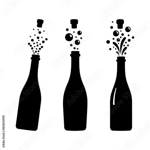 Three champagne bottles with rising bubbles in sleek black silhouette