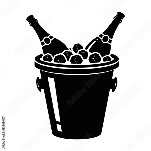 Champagne bucket with ice and bottle in bold black silhouette