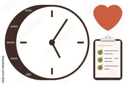 Clock symbolizing time, clipboard with checklist for productivity, red heart for balance. Ideal for productivity, work-life harmony, time management, goal setting, planning, motivation balance