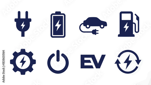 Electric Vehicle Power and Energy Icons Charging Battery and Sustainability Set