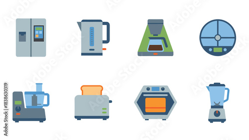 Collection of Modern Kitchen Appliances and Gadgets in a Flat Design Style