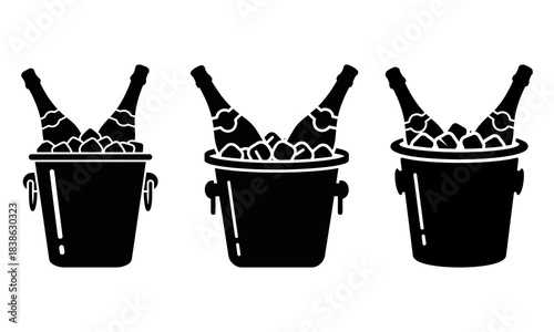 Set of three champagne buckets with bottles in clean black silhouette