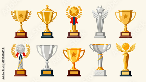 This vibrant illustration showcases a diverse collection of trophies (gold/silver cups, angel statues, star/laurel designs) symbolizing victory, achievement, and competitive honors.