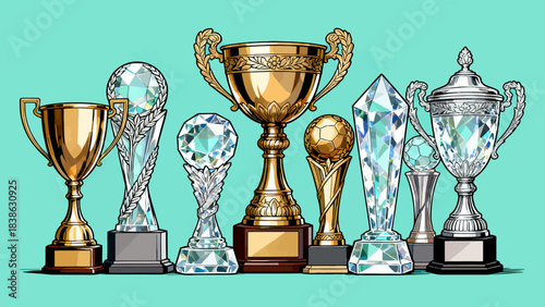This vibrant illustration showcases a diverse collection of trophies (gold/silver cups, angel statues, star/laurel designs) symbolizing victory, achievement, and competitive honors.