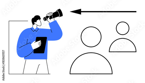 Audience search concept. Man observing with a telescope and figures audience focus. Audience targeting, marketing strategies, and user-centric planning. Perfect for advertising, market research