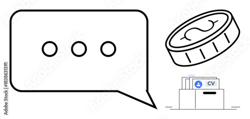 Recruitment concept. Recruitment features a conversation bubble communication, a currency coin transactions, and documents in a folder for hiring processes. Perfect for HR, job searches, freelance