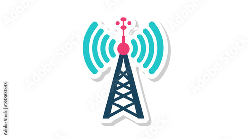 Stylized Communication Tower Emitting Radio Waves With Teal Blue Arcs And Pink Top On A Black Background With White Border And Shadow