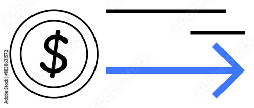 Digital payment, financial transactions, online banking, money transfer, e-commerce, financial technology. Dollar symbol next to a blue arrow. Digital payment and financial transactions concepts