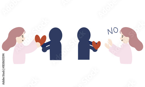 笑顔で愛を渡す女性と愛を拒絶する女性のイラスト