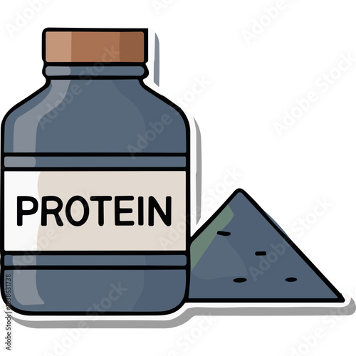 Gray Protein Powder Container With Scoop Of Powder Beside It Isolated On Black Background Minimalist Graphic Design