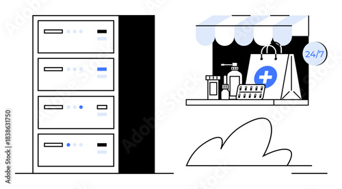 Telemedicine, health tech, online pharmacy, digital storage, data security, healthcare services. Digital pharmacy next to data servers. Telemedicine and health tech are main