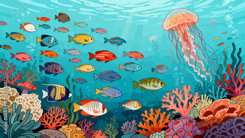 This vibrant underwater illustration depicts a tropical marine ecosystem: colorful fish, jellyfish, coral, seaweed, and shells, bathed in soft light, creating a serene, diverse aquatic scene.