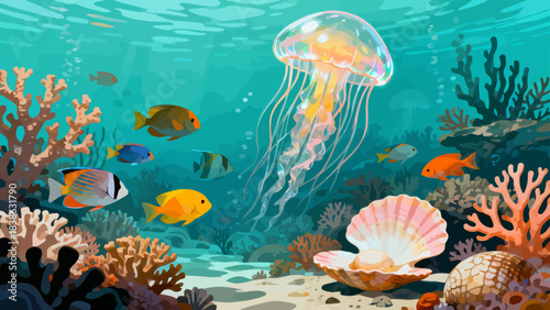 This vibrant underwater illustration depicts a tropical marine ecosystem: colorful fish, jellyfish, coral, seaweed, and shells, bathed in soft light, creating a serene, diverse aquatic scene.