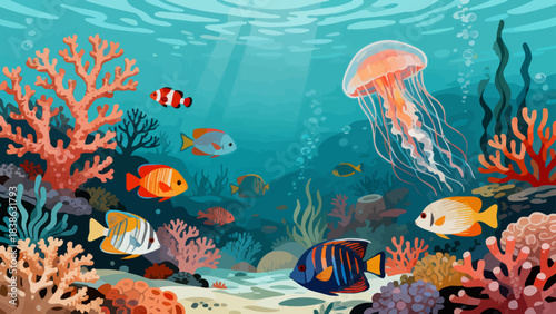 This vibrant underwater illustration depicts a tropical marine ecosystem: colorful fish, jellyfish, coral, seaweed, and shells, bathed in soft light, creating a serene, diverse aquatic scene.