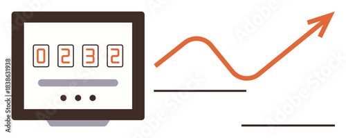 Computer screen displaying numerical metrics paired with an upward trending growth arrow. Ideal for business strategy, financial success, performance tracking, data analysis, analytics, goal