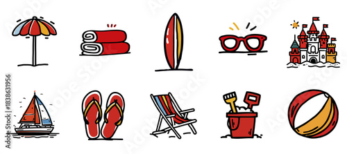 Colorful Hand-drawn Summer Vacation Icon Bundle for Holidays