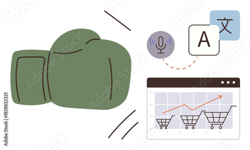 Green boxing glove confronting charts, language, and audio icons. Ideal for e-commerce dynamics, business competition, analytics, language barriers, innovation, solutions communication challenges