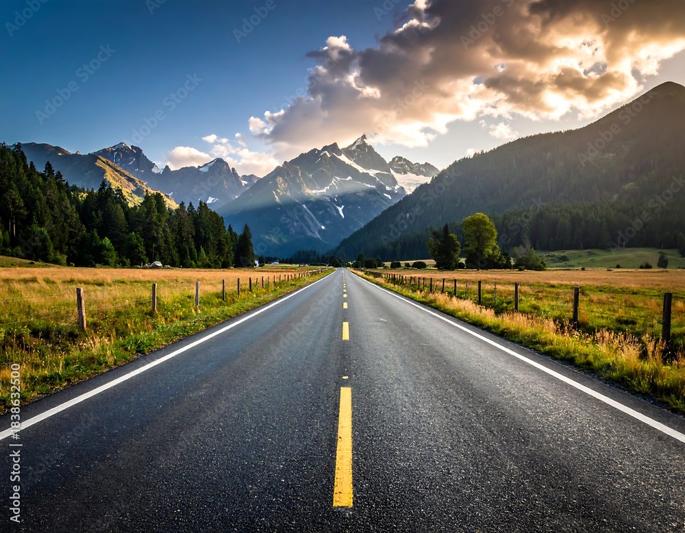 Naklejka premium Scenic Road to the Mountains - A Journey Through Natures Beauty.