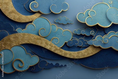 ペーパークラフト調・和柄「渦雲と波」の背景
