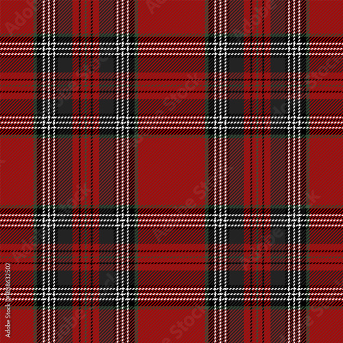 Christmas and new year tartan plaid. Scottish pattern in black, red, green and white cage. Scottish cage. Traditional Scottish checkered background. Seamless fabric texture. Vector illustration