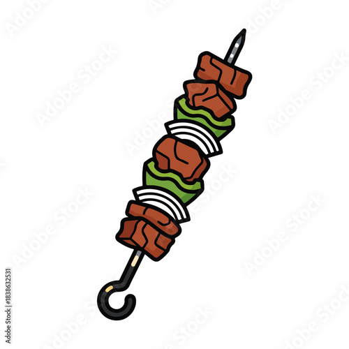 Cartoon Skewer Illustration Grilled Meat, Veggies, and White Background