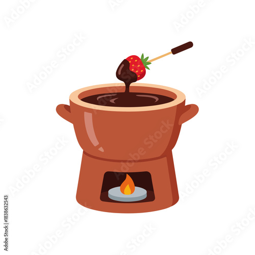 Chocolate Fondue with Strawberry, Flame and Pot Illustration