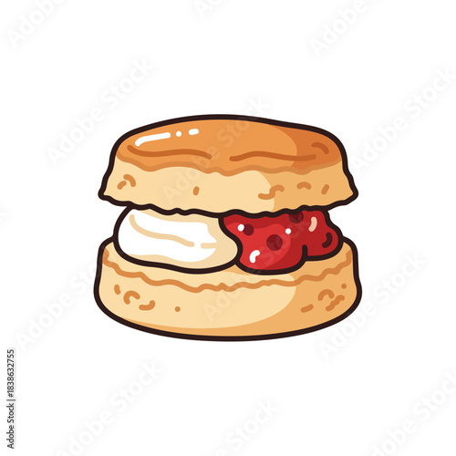Delicious Scone with Cream and Strawberry Jam Illustration