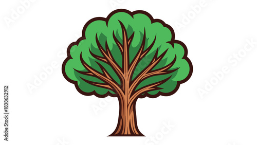 Stylized Illustration of a Lush Green Leafy Tree with a Thick Brown Trunk and Branching Limbs Against a Stark Black Background