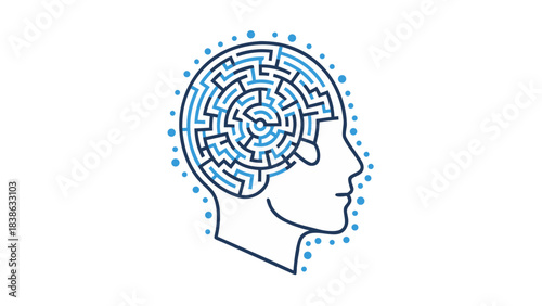 Stylized Human Head Silhouette With Blue Labyrinth Brain And Digital Particles Against Black Background Conceptual Abstract Art