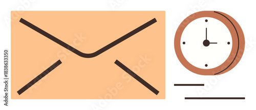 Envelope beside clock suggesting timely messaging or scheduling. Ideal for communication, time management, deadlines, email, reminders, planning, punctuality. Simple flat metaphor